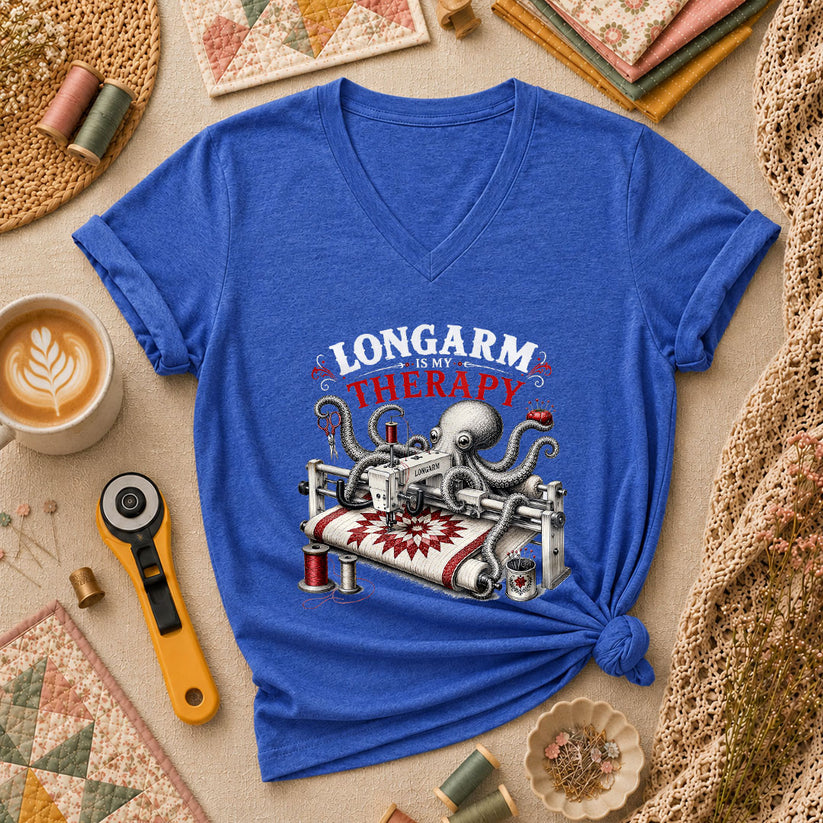 Longarm Is My Therapy Octopus Quilter Women's V-Neck - Heather True Royal