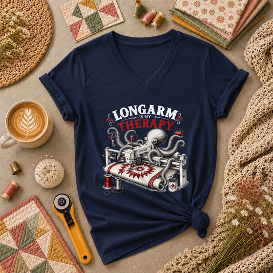 Longarm Is My Therapy Octopus Quilter Women's V-Neck - Navy