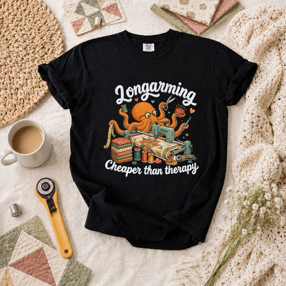 Longarming Cheaper Than Therapy Octopus Quilter T-Shirt - Black