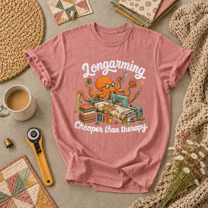 Longarming Cheaper Than Therapy Octopus Quilter T-Shirt - Heather Mauve