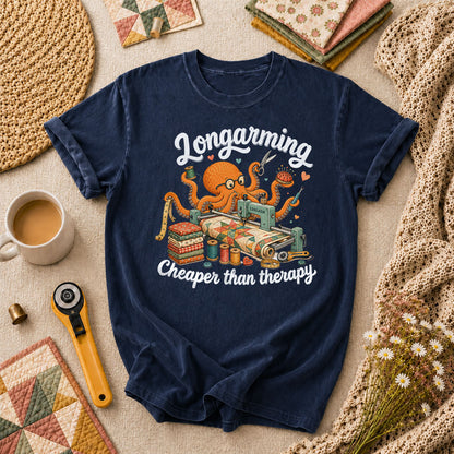 Longarming Cheaper Than Therapy Octopus Quilter T-Shirt - Navy