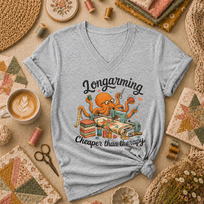 Longarming Cheaper Than Therapy Octopus Quilter Women's V-Neck - Athletic Heather