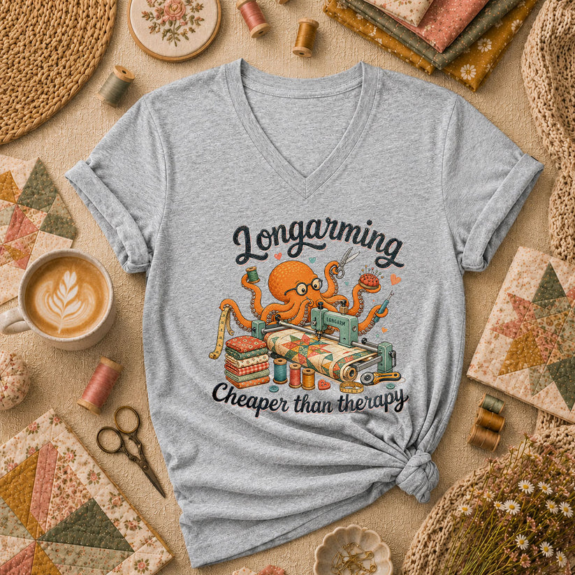 Longarming Cheaper Than Therapy Octopus Quilter Women's V-Neck - Athletic Heather