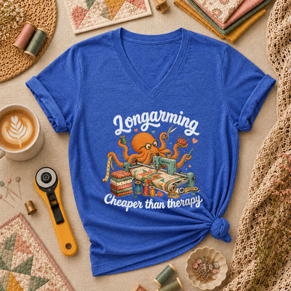Longarming Cheaper Than Therapy Octopus Quilter Women's V-Neck - Heather True Royal