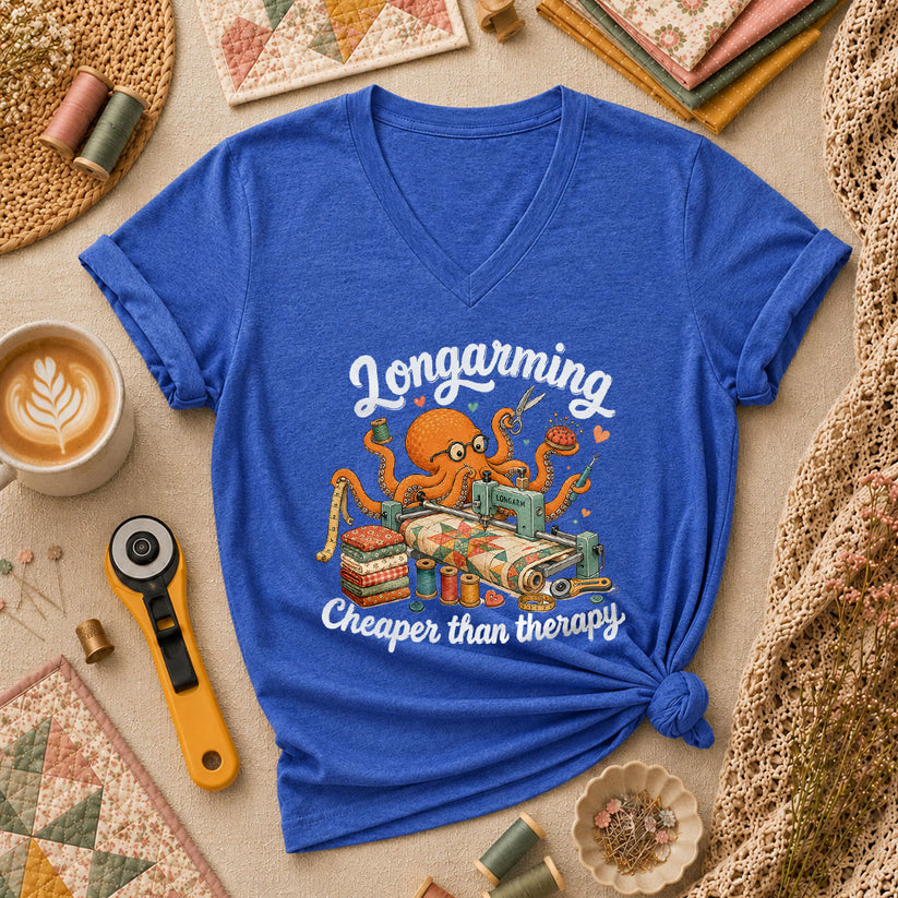 Longarming Cheaper Than Therapy Octopus Quilter Women's V-Neck - Heather True Royal