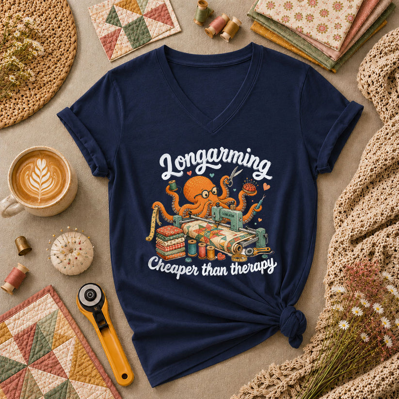 Longarming Cheaper Than Therapy Octopus Quilter Women's V-Neck - Navy