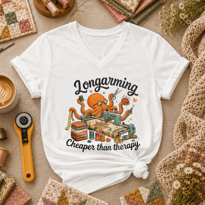 Longarming Cheaper Than Therapy Octopus Quilter Women's V-Neck - White