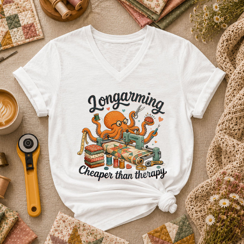 Longarming Cheaper Than Therapy Octopus Quilter Women's V-Neck - White
