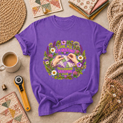 Look Ma I'm Quilting Patchwork Quilting Club T-Shirt - Heather Team Purple