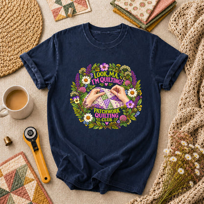 Look Ma I'm Quilting Patchwork Quilting Club T-Shirt - Navy