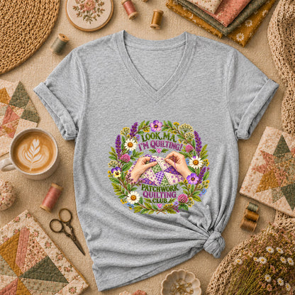 Look Ma I'm Quilting Patchwork Quilting Club Women's V-Neck - Athletic Heather