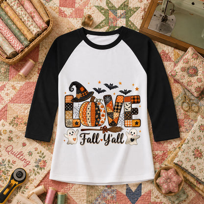 Love Fall Yall Pumpkin Halloween Raglan Sleeve - Black