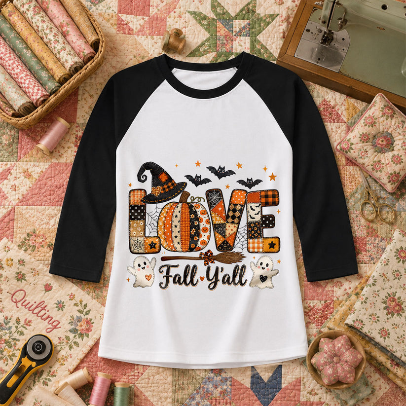 Love Fall Yall Pumpkin Halloween Raglan Sleeve - Black