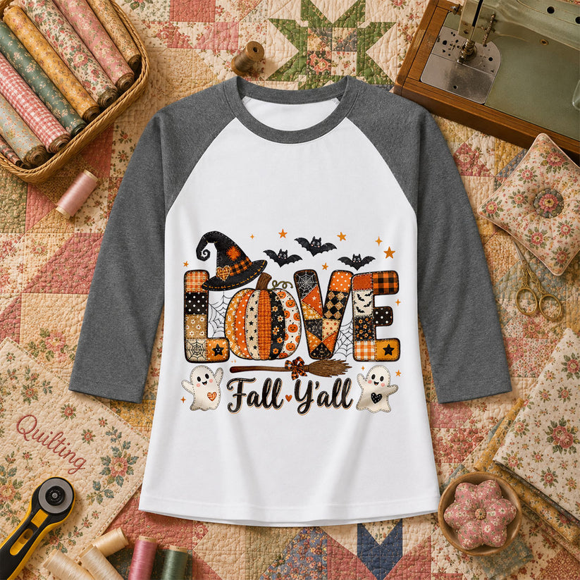 Love Fall Yall Pumpkin Halloween Raglan Sleeve - Deep Heather