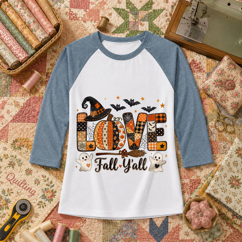 Love Fall Yall Pumpkin Halloween Raglan Sleeve - Denim