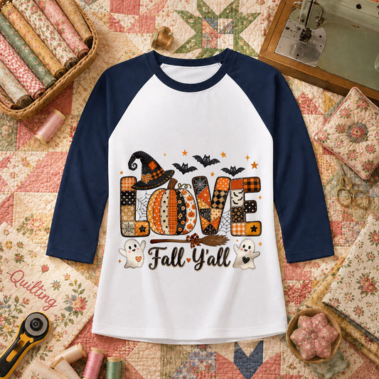 Love Fall Yall Pumpkin Halloween Raglan Sleeve - Navy