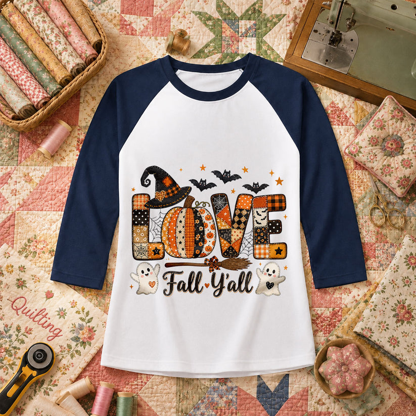 Love Fall Yall Pumpkin Halloween Raglan Sleeve - Navy