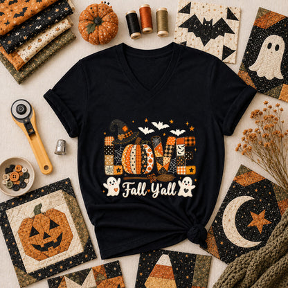 Love Fall Yall Pumpkin Halloween Women's V-Neck - Black