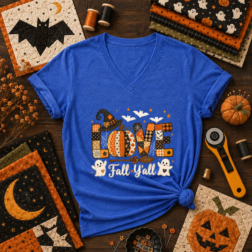 Love Fall Yall Pumpkin Halloween Women's V-Neck - Heather True Royal