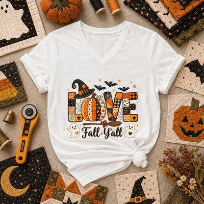 Love Fall Yall Pumpkin Halloween Women's V-Neck - White