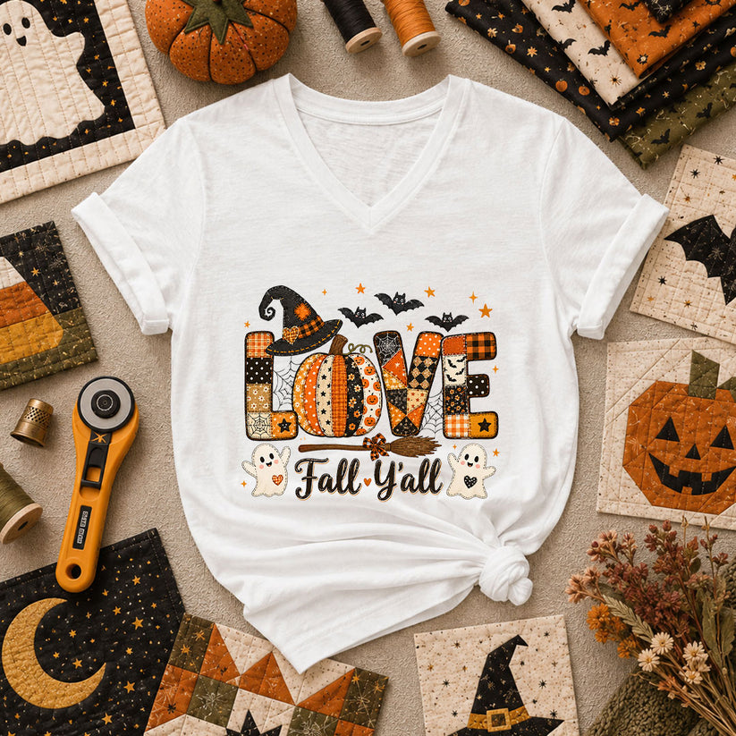 Love Fall Yall Pumpkin Halloween Women's V-Neck - White