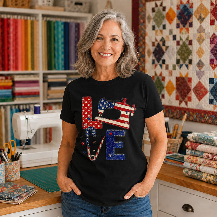 Love Quilting Sewing Machine Flag Patchwork - Black flatlay