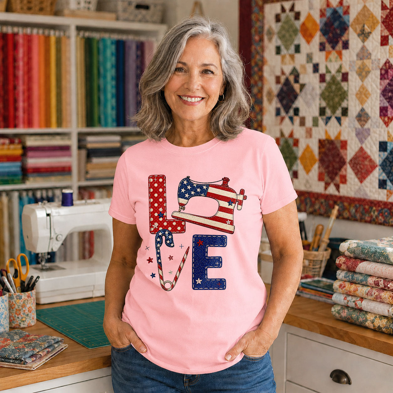 Love Quilting Sewing Machine Flag Patchwork - Black view 3