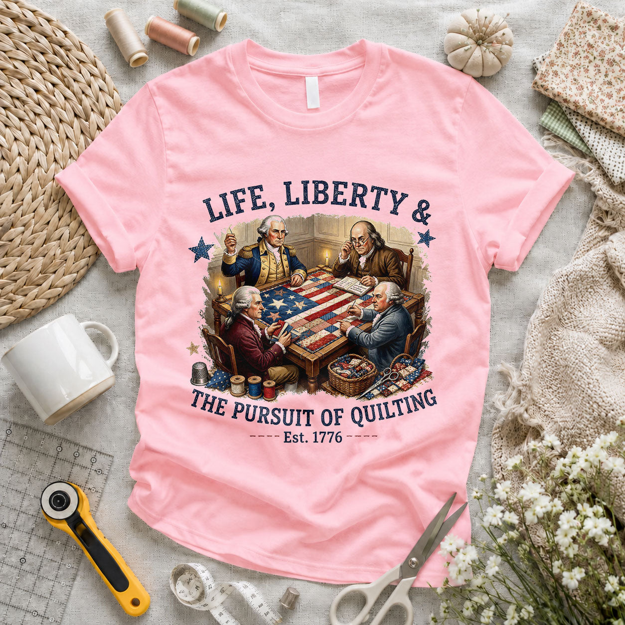 Love Sewing Machine American Flag Patriotic - Pink flatlay