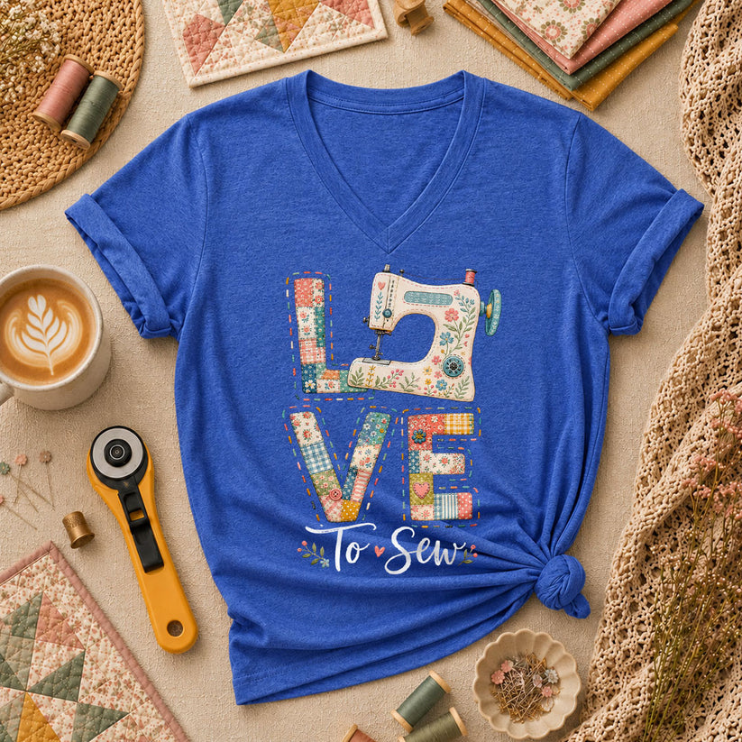Love To Sew Machine Women's V-Neck - Heather True Royal