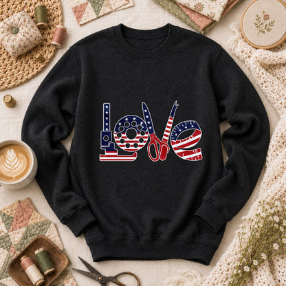 Love USA Flag Sewing Patriotic Long Sleeve - Black