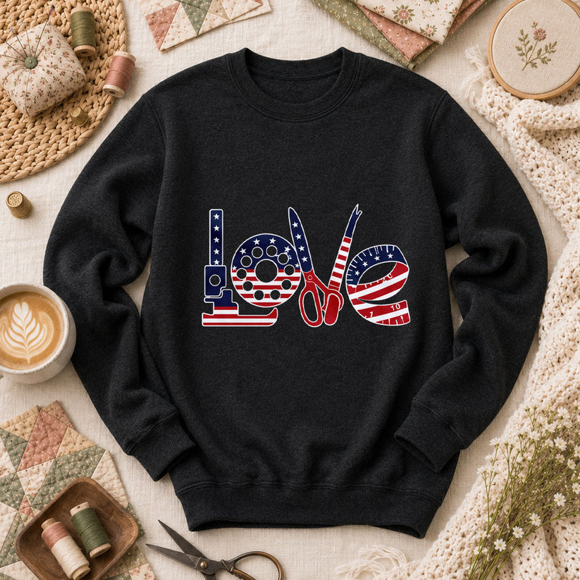 Love USA Flag Sewing Patriotic Long Sleeve - Black