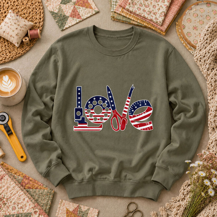 Love USA Flag Sewing Patriotic Long Sleeve - Military Green