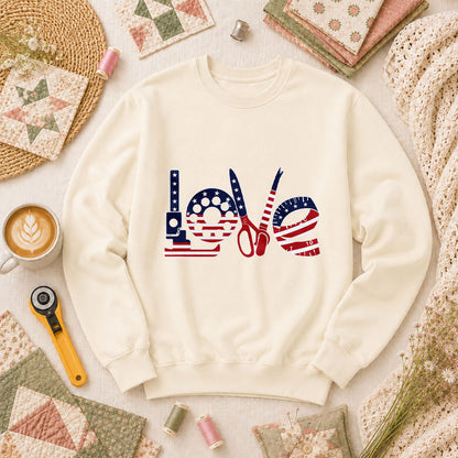 Love USA Flag Sewing Patriotic Long Sleeve - Natural