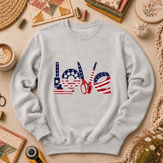 Love USA Flag Sewing Patriotic Long Sleeve - Sport Grey