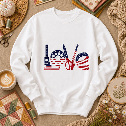 Love USA Flag Sewing Patriotic Long Sleeve - White