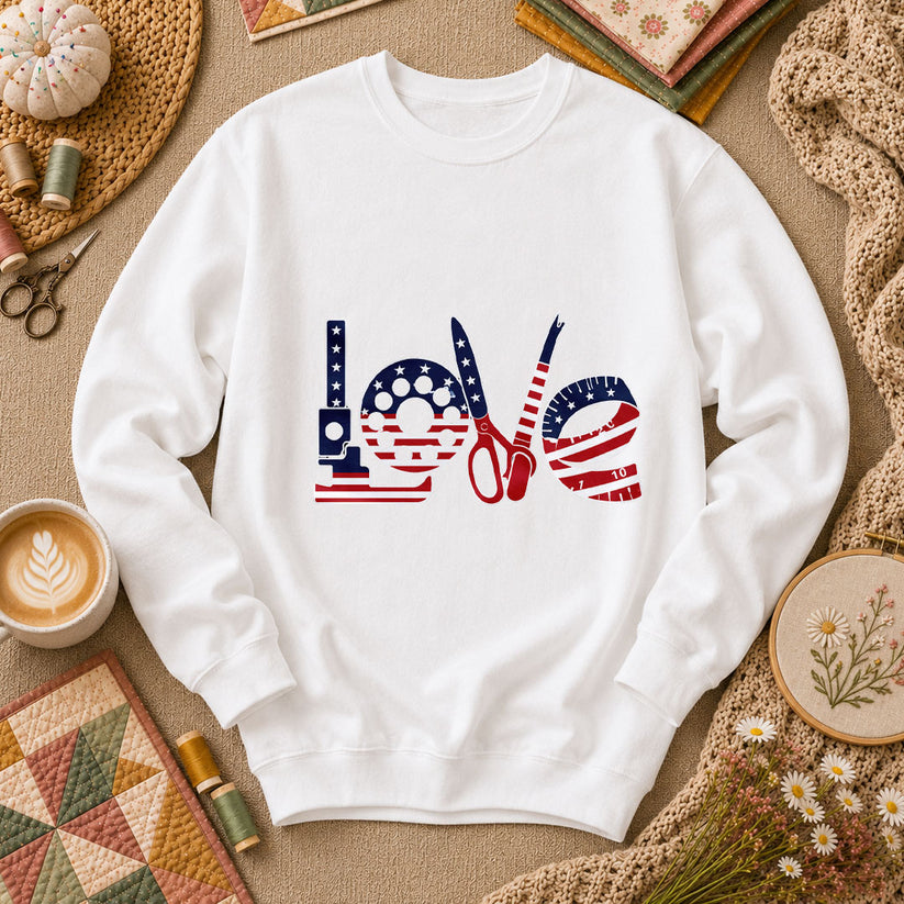 Love USA Flag Sewing Patriotic Long Sleeve - White