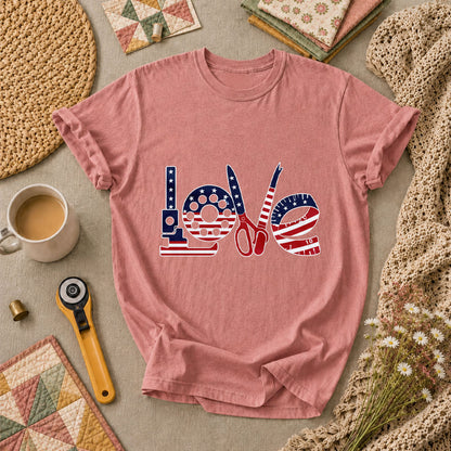 Love USA Flag Sewing Patriotic T-Shirt - Heather Mauve