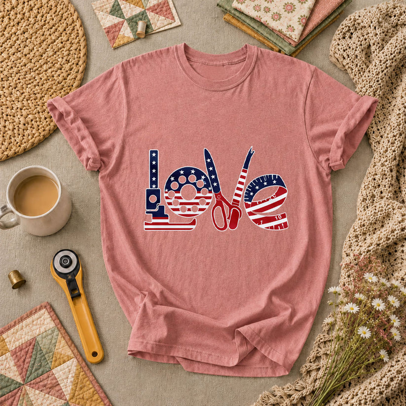 Love USA Flag Sewing Patriotic T-Shirt - Heather Mauve