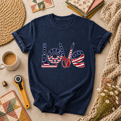Love USA Flag Sewing Patriotic T-Shirt - Navy