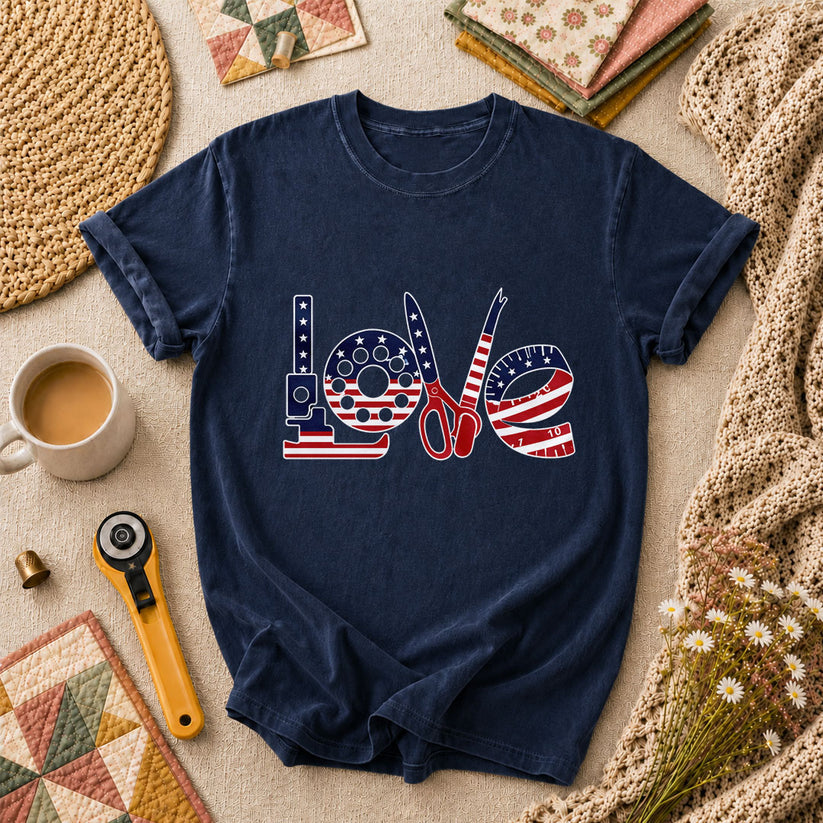Love USA Flag Sewing Patriotic T-Shirt - Navy