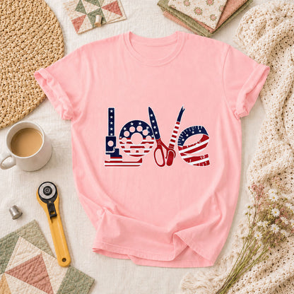 Love USA Flag Sewing Patriotic T-Shirt - Pink