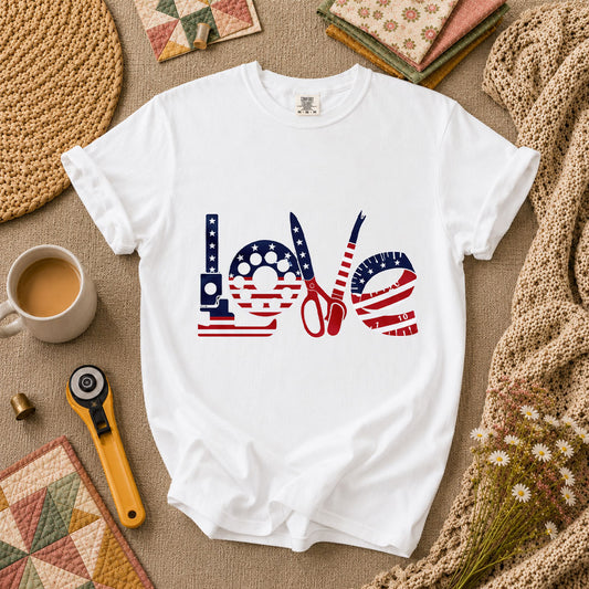 Love USA Flag Sewing Patriotic T-Shirt - White