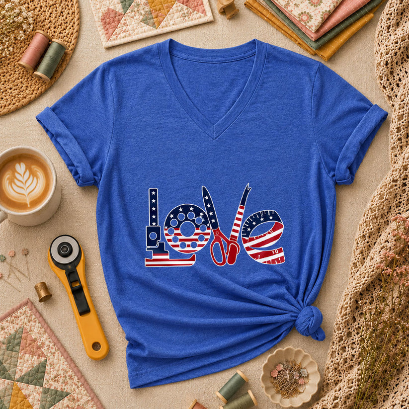 Love USA Flag Sewing Patriotic Women's V-Neck - Heather True Royal