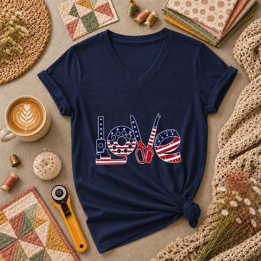 Love USA Flag Sewing Patriotic Women's V-Neck - Navy