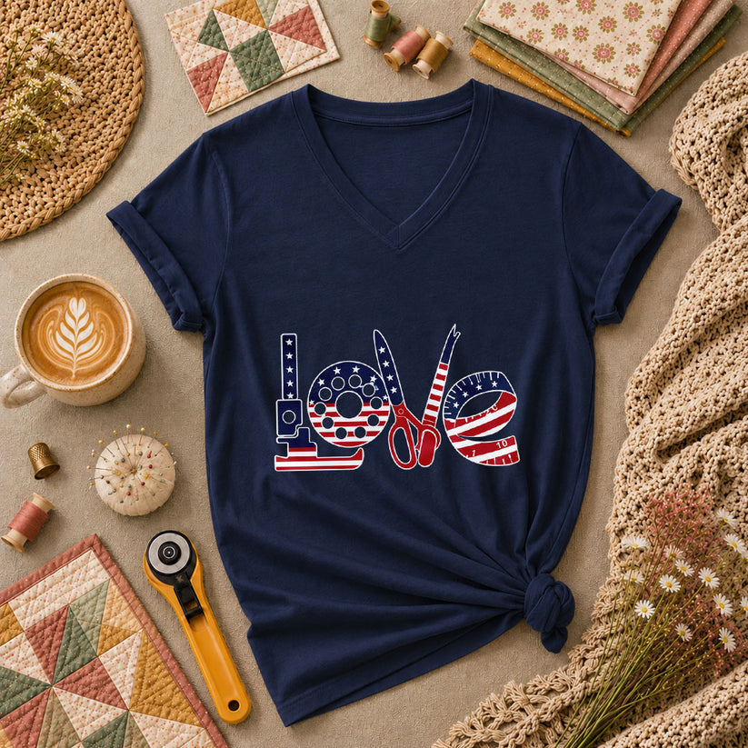 Love USA Flag Sewing Patriotic Women's V-Neck - Navy