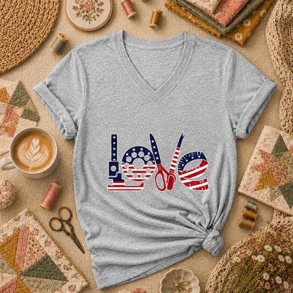Love USA Flag Sewing Patriotic Women's V-Neck - Sport Grey