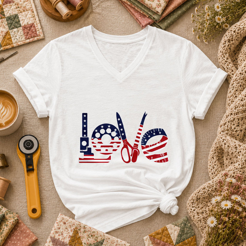 Love USA Flag Sewing Patriotic Women's V-Neck - White