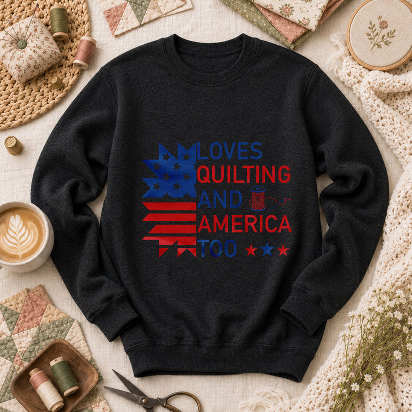 Loves Quilting And America Too Long Sleeve - Black