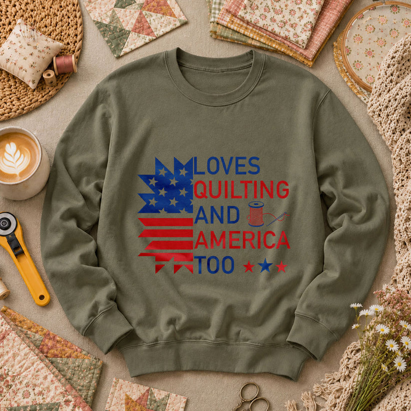 Loves Quilting And America Too Long Sleeve - Military Green