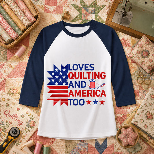 Loves Quilting And America Too Raglan Sleeve - Navy